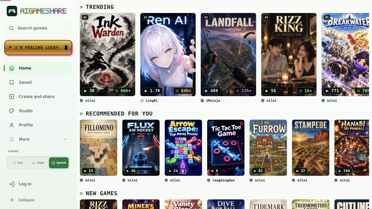 AIGameShare official gallery with game cards and creator links
