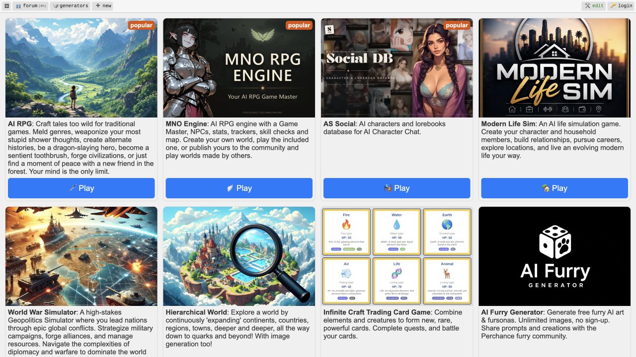 Perchance official AI games directory with community game entries
